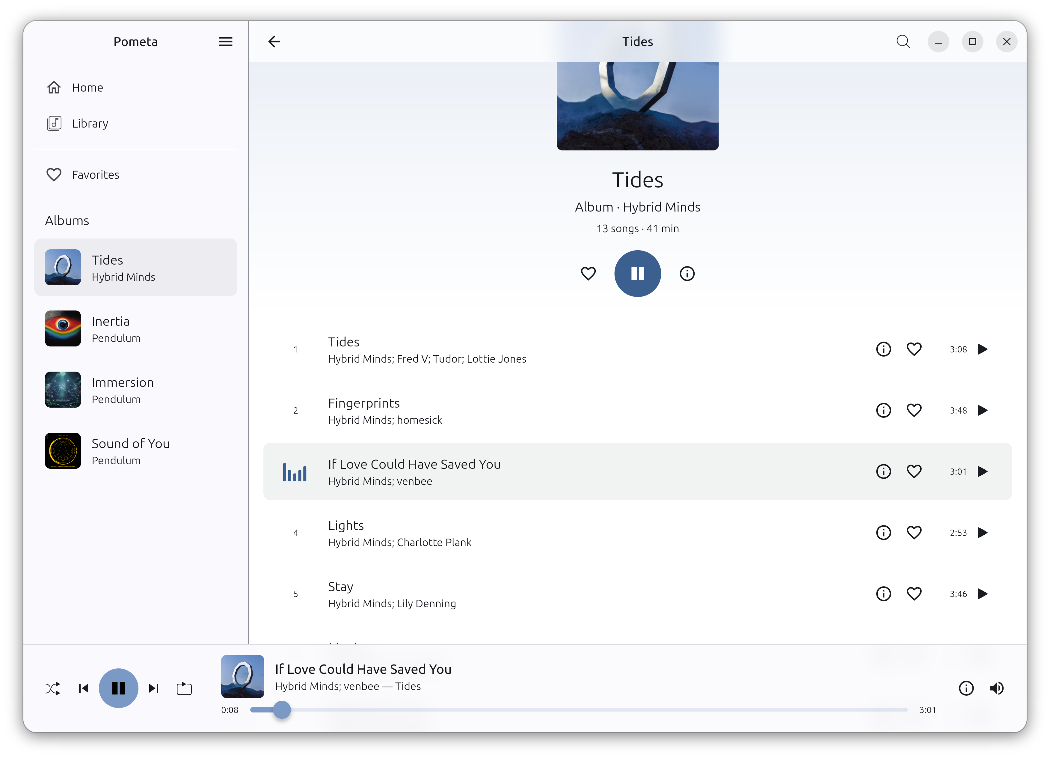 Pometa on Ubuntu showing the Tides album, track list, sidebar and playback controls
