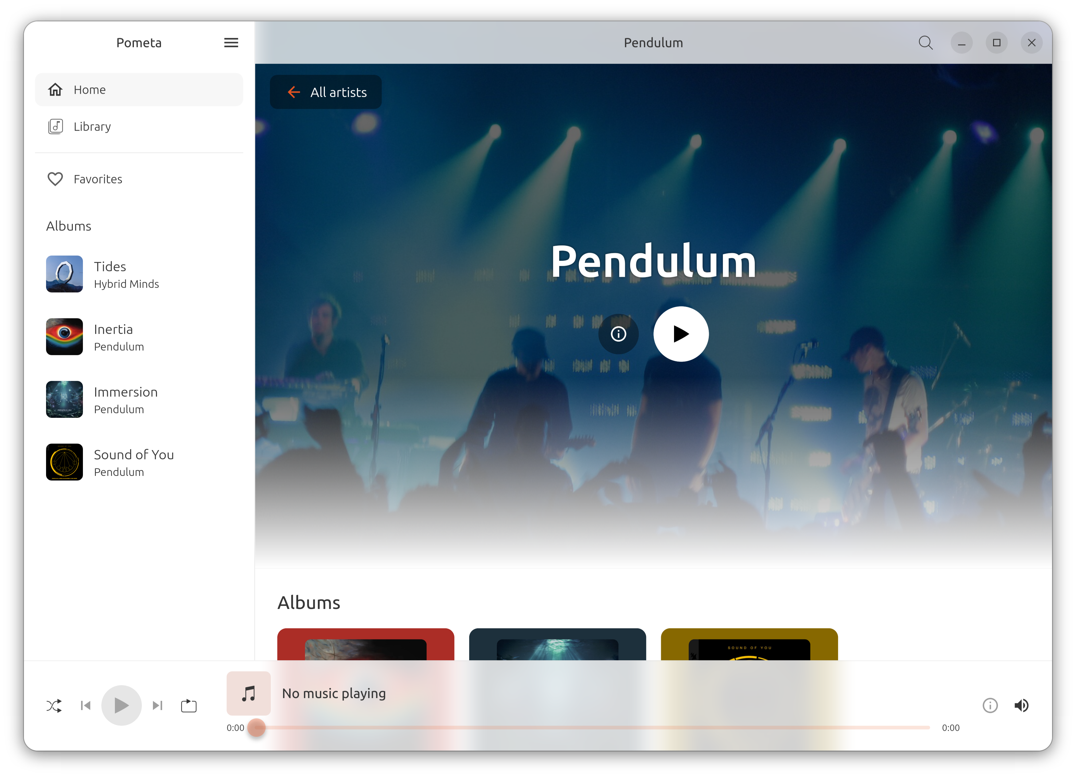 Pometa artist page with a Pendulum concert backdrop and albums